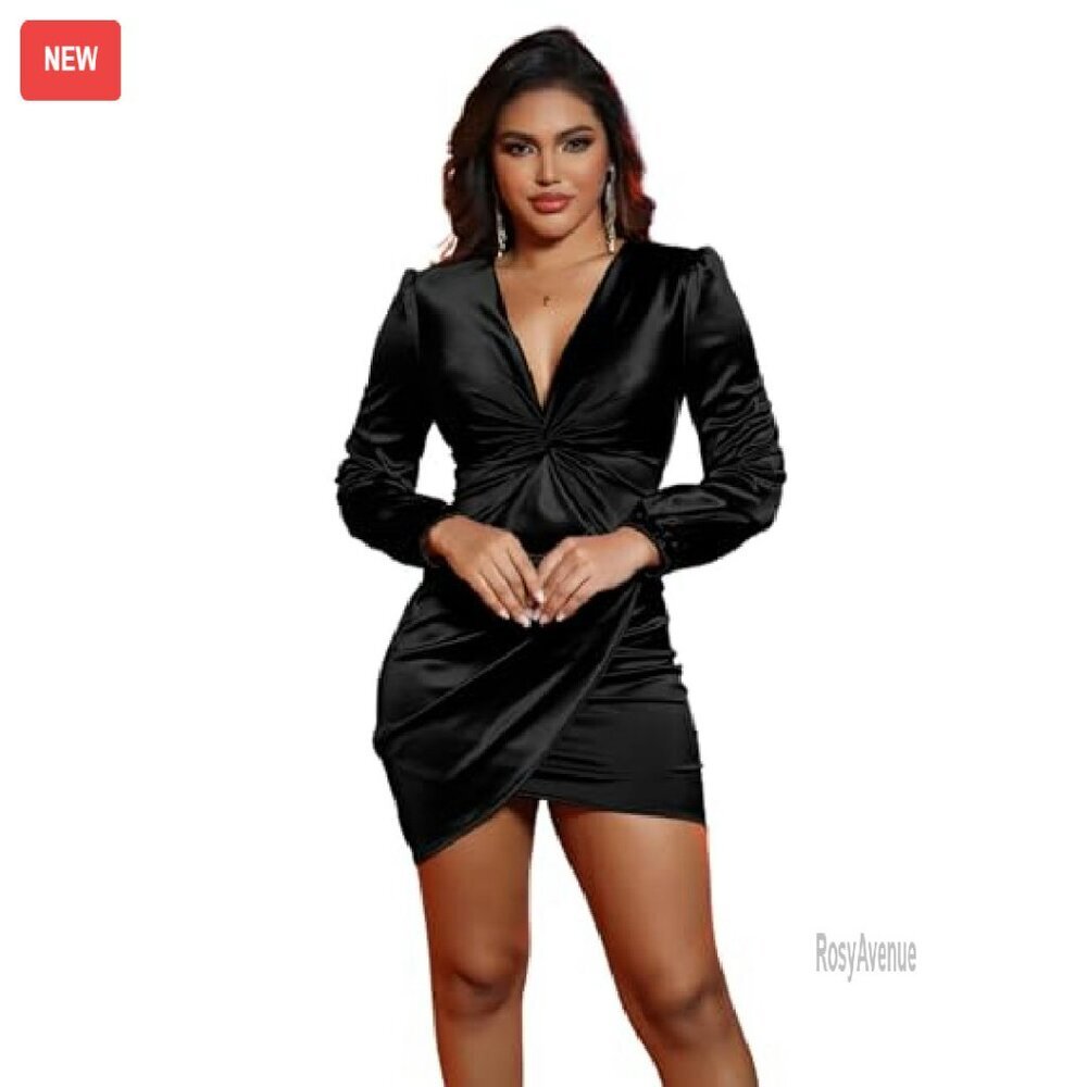 Satin Bodycon Dress with Ruched V-Neck and Irregular Hem - Picture 2 of 8